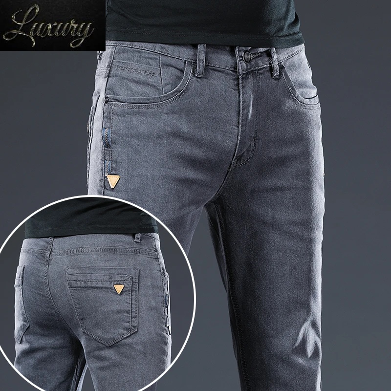 

New Dark Gray Jeans Men Clothing Slim Skinny Straight Office Pants Stretch Comfortable Simple All-match Male Denim Trousers