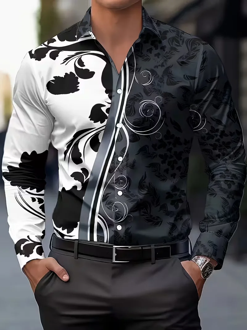 Fashionable men's long sleeved shirt 3D horse print lapel button shirt casual top men's clothing floral top