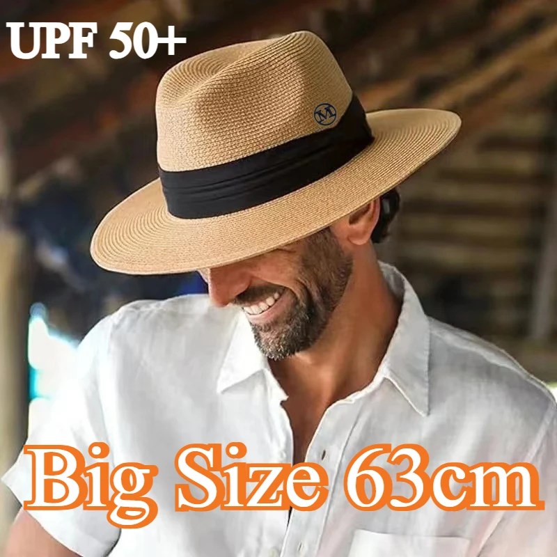 Big Size XL 63cm Travel Panama Jazz Straw Hat Summer Sun Hats for Women Men Wedding  Wide Brim Fedora Straw Beach Hat UV UPF 50+
