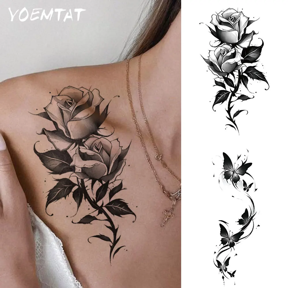 2pcs Black Rose Butterfly Waterproof Temporary Tattoo Sticker Sketch Floral Body Art Arm Leg Chest Fake Tattoos Sleeve Women Men