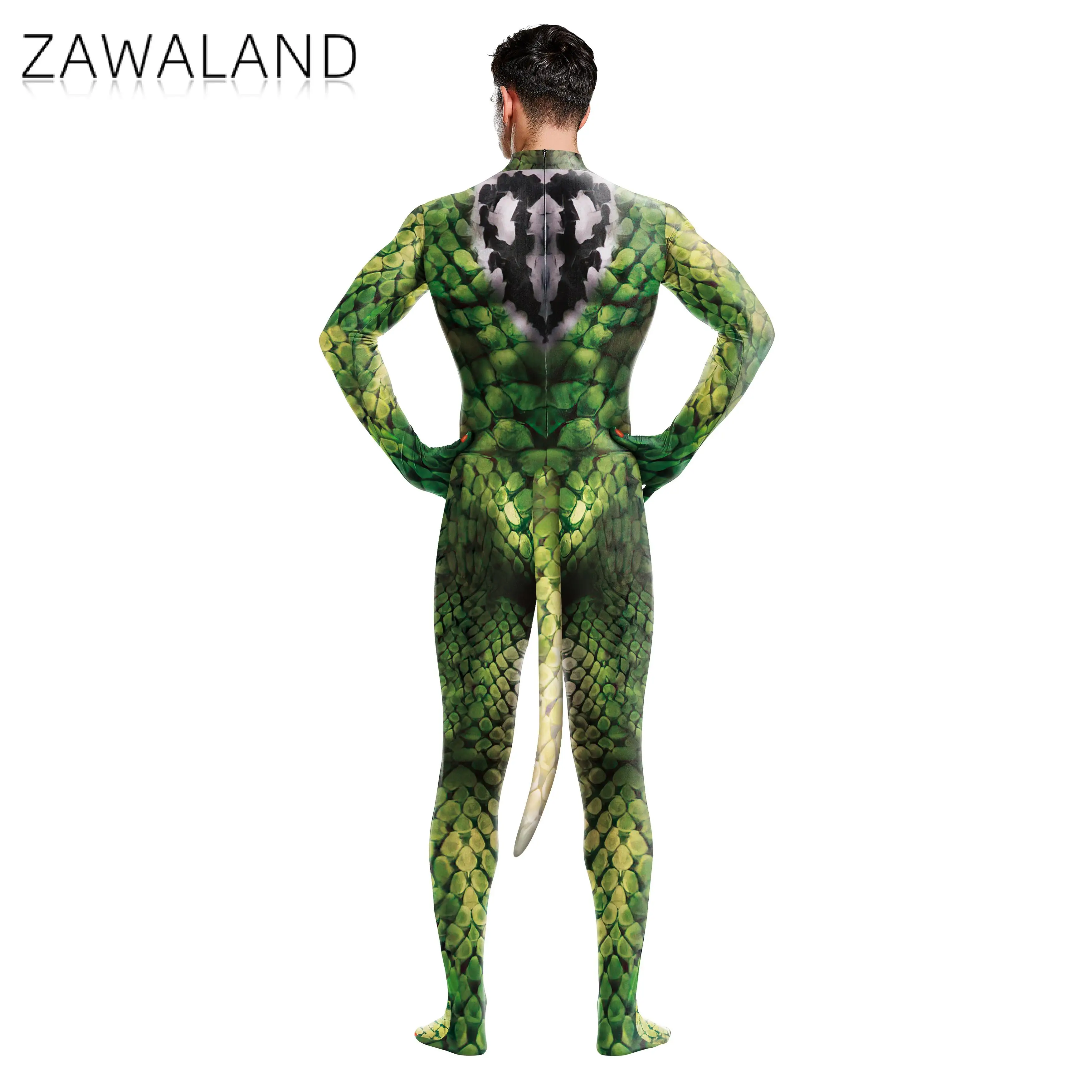 Zawaland Snake Costume with Tail Halloween Cosplay Petsuit for Man Crotch Zipper Carnival Catsuit Holiday Zentai Bodysuit Outfit