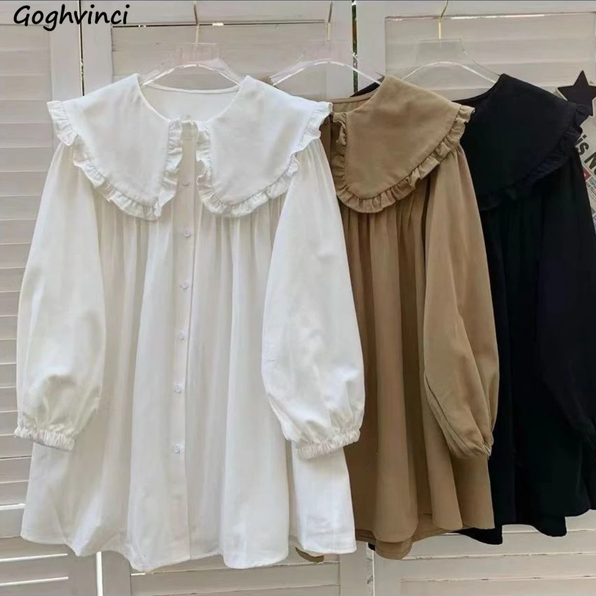 Women Shirts Solid Lantern Long Sleeve Peter Pan Collar Korean Style Fashion Tops Retro Female Blouse Simple Leisure All-match