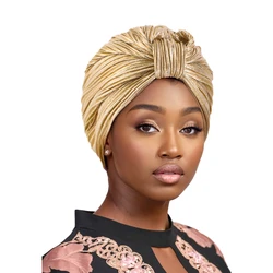 Nuove donne musulmane turbante Shine Metallic Gold Silver Vintage Casual Ruffle Knot Head Wrap Ladies Hijab India HatHair accessori