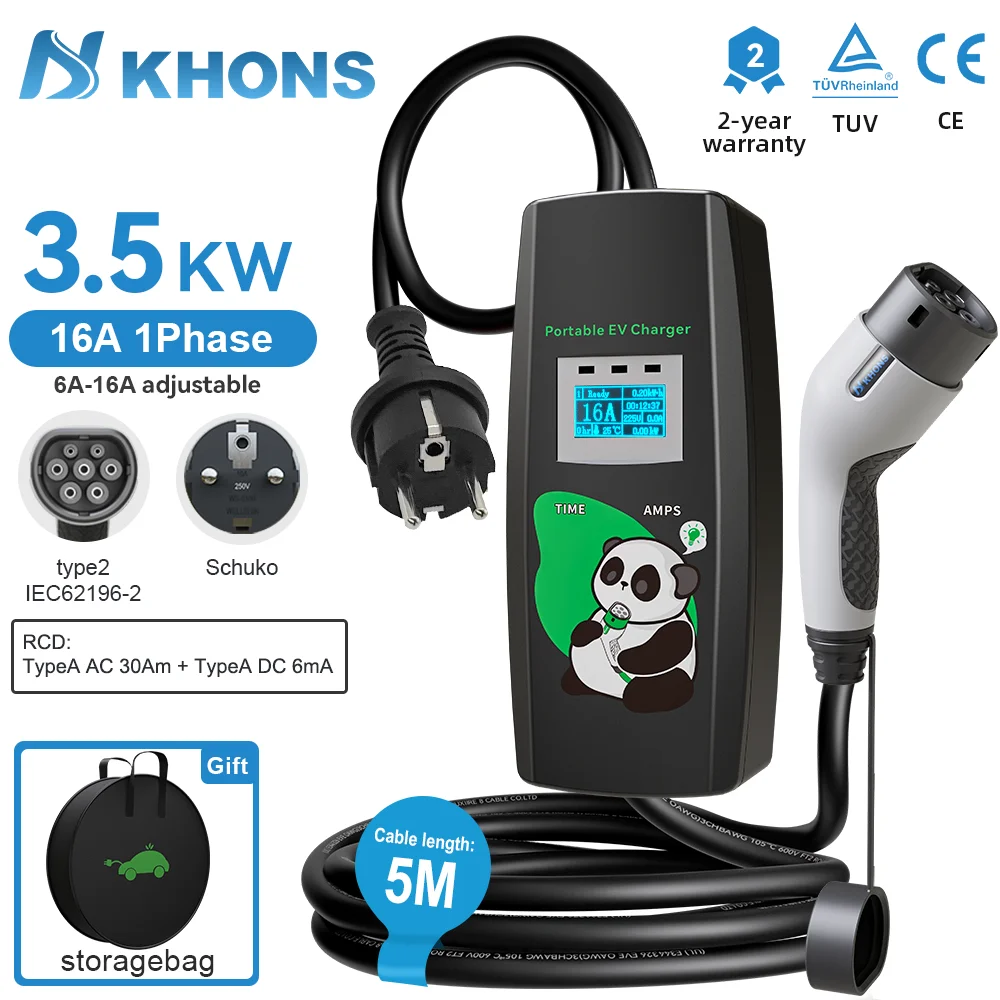 

Портативное зарядное устройство для электромобилей Khons, кабель 3,5 кВт, тип 2, 16 А, 5 м, подходит для однофазных зарядных устройств для электромобилей для дома