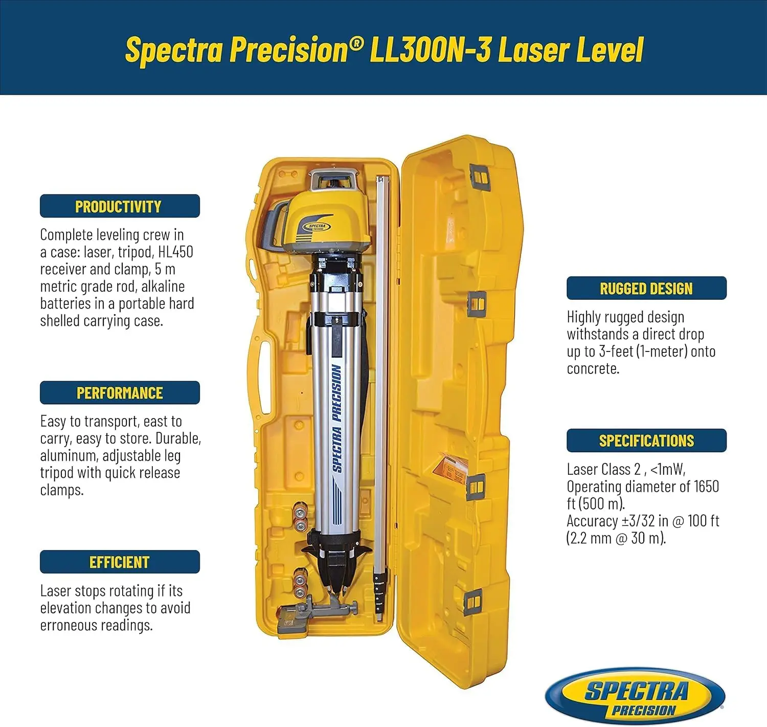 Laser Level, Self Leveling Kit with HL450 Receiver, Clamp, 4.7 Meter Grade Rod / Metric and Tripod