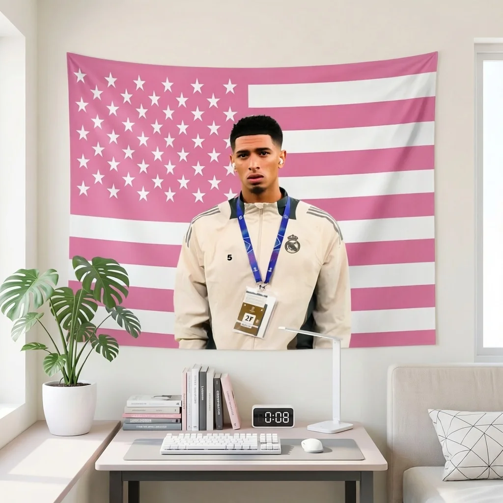 J-Jude B-Bellingham Football Athlete Wall Tapestry Pink US Flag Portrait Flag Sports Decor for Fans Dorm Bedroom Living Room