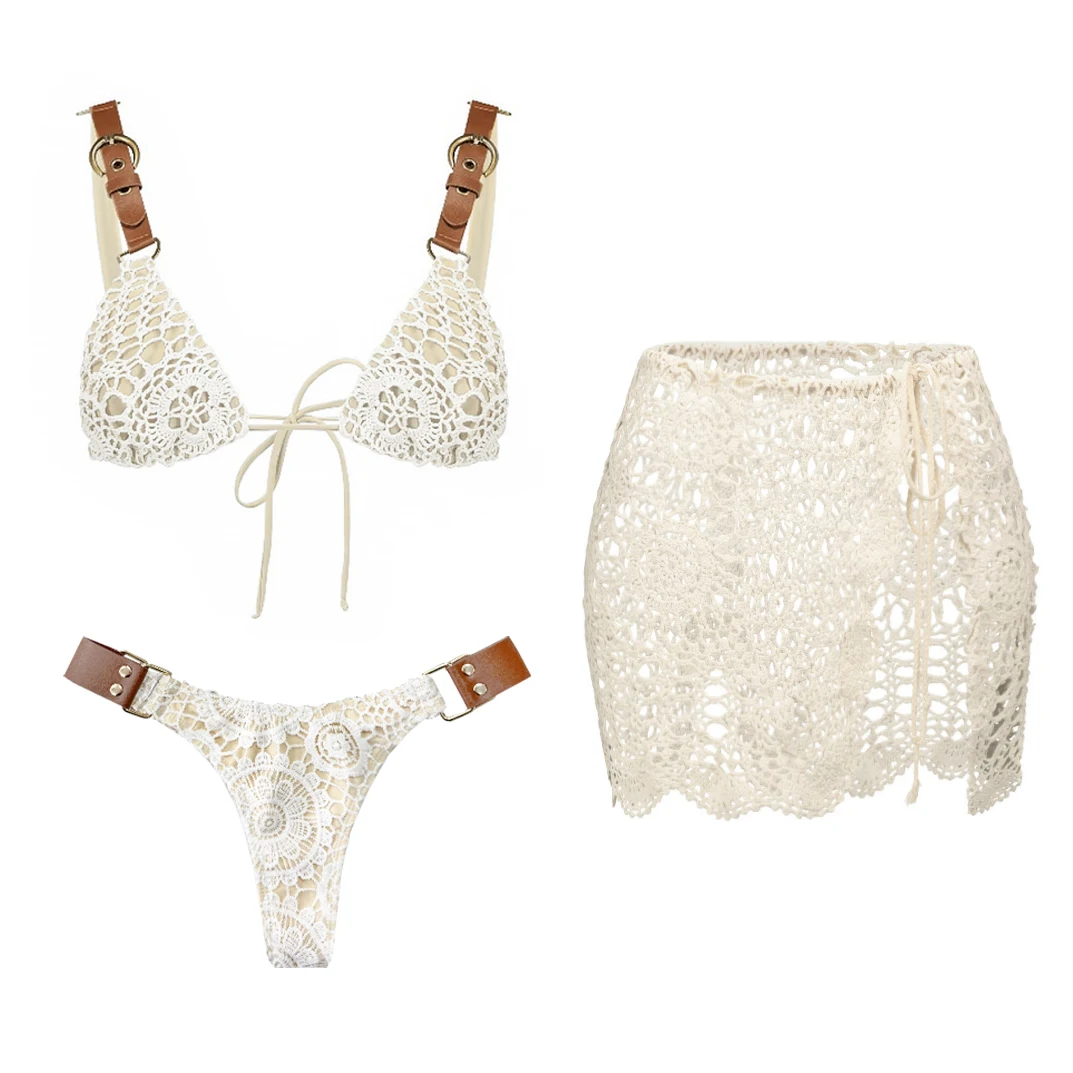 

Белый кружевной комплект бикини из 3 предметов, сексуальный женский купальник с эффектом пуш-ап, бразильский бикини, пляжная юбка, микро-бикини, купальные костюмы.