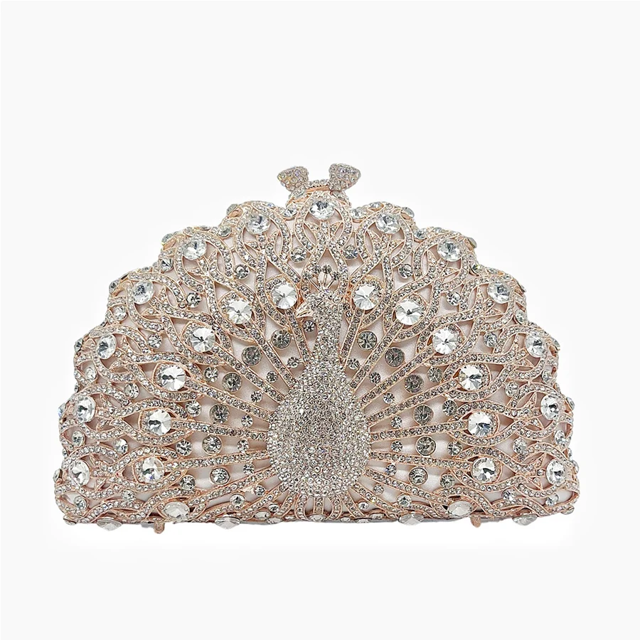 New Peacock Style Shell Handbags Diamond Evening Bags for Women Metal Luxury Rhinestone Clutch Purse Chains Shoulder Bag Party