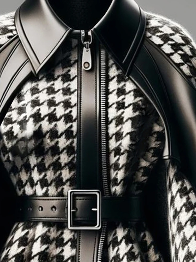 

Женская модная осенняя накидка на молнии с узором «гусиные лапки», куртка из искусственной кожи в стиле пэчворк с лацканами на шнуровке, уличная винтажная женская верхняя одежда