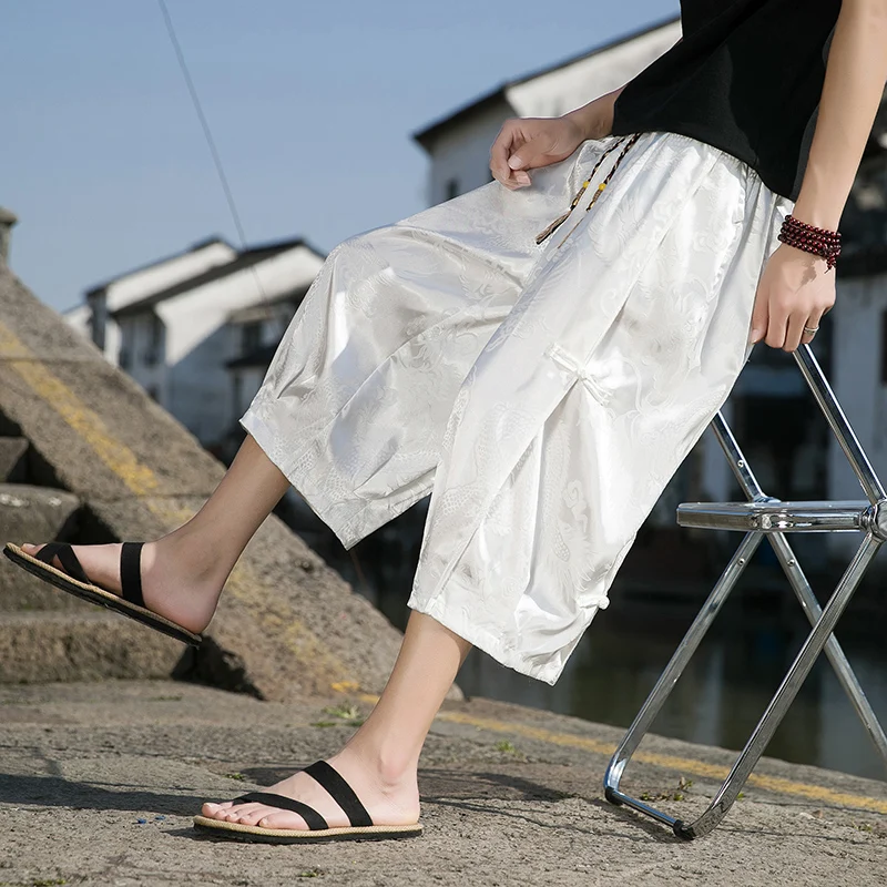 

Мужские летние широкие брюки из ледяного шелка в новом китайском стиле, свободного кроя, удобные повседневные штаны для молодых мужчин