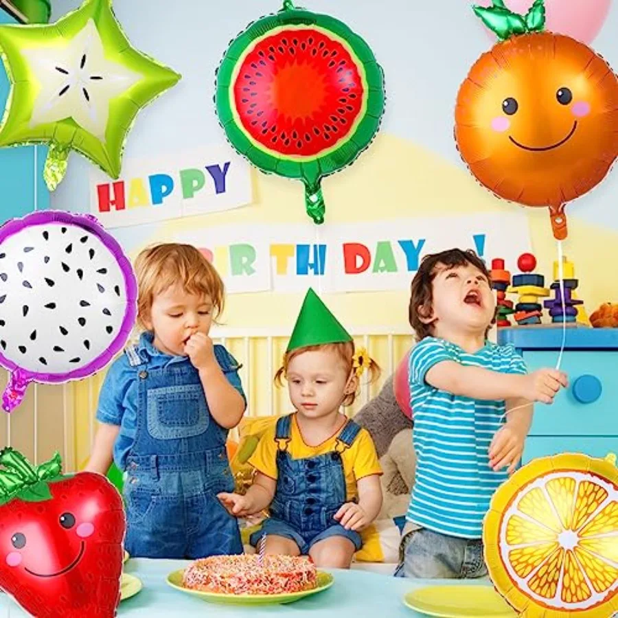 18 Pics Fruit Balloons Tropical Fruit Party Decorations with Ribbon and Straw Aluminum Foil Balloons for Wedding Birthday Baby