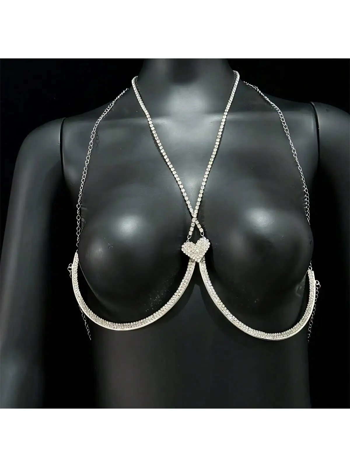 Chest Bracket Double Pendant Heart Bras Chain Necklace Body Jewelry Rhinestone Top Fashion Gift Beach Bikini Swimwear 2022 Women
