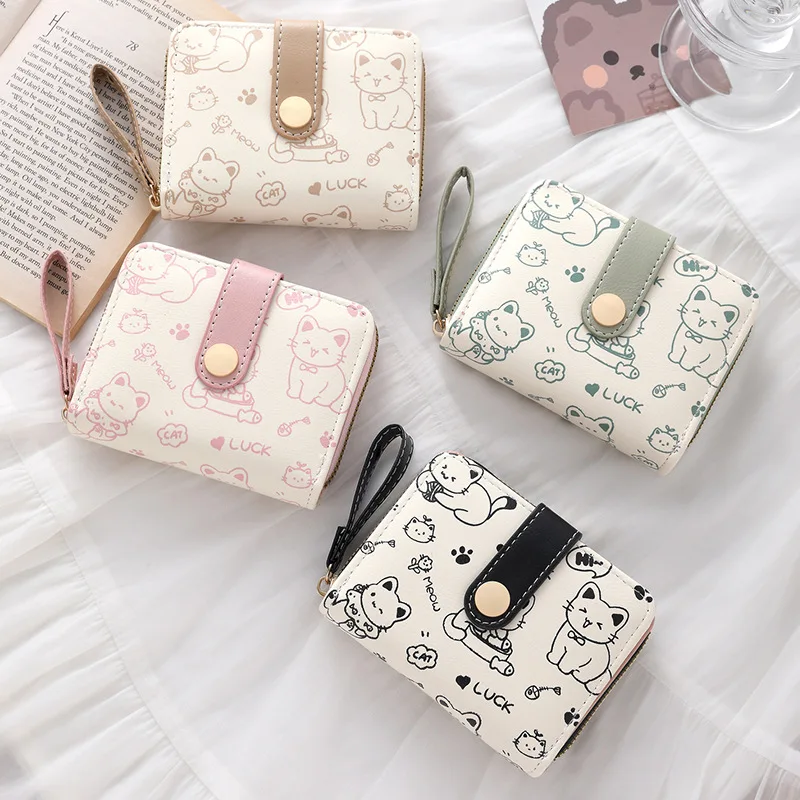 Minimalistische japanische Damen-Geldbörse mit Schnappverschluss und Griff im niedlichen Katzen-Design, multifunktionale kurze Geldbörse und Kartenetui