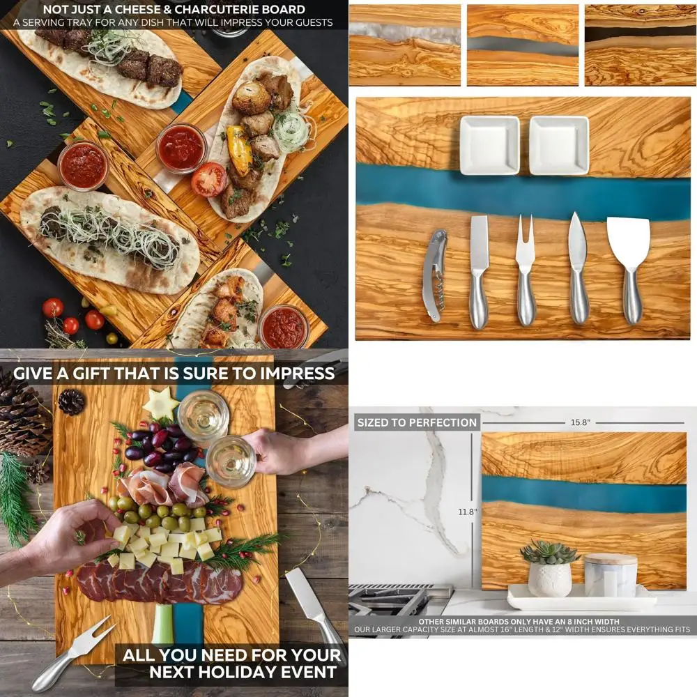 

Italian Olive Wood Cheese Board Set with Blue Resin Art, 4 Knives, 2 Bowls, and Corkscrew