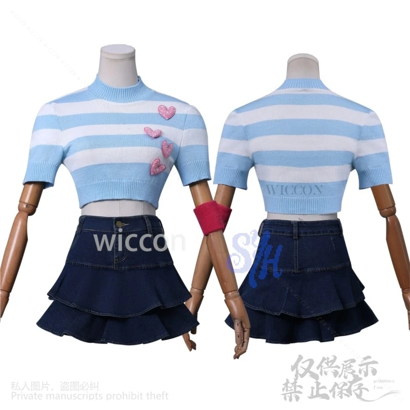 أنيمي فوز كلوب تأثيري بلوم زي جيراي كي الفتيات ريترو مخطط محبوك القلب جميل تي شيرتات قصيرة الاكمام فستان قصير كوس