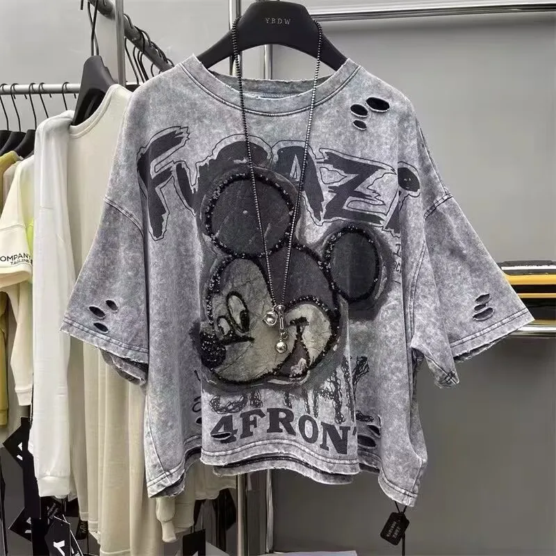 

Футболка большого размера с блестками и мультяшным принтом Микки, рубашки с короткими рукавами для женщин, летние новые свободные топы для тяжелых поделок, кавайная одежда