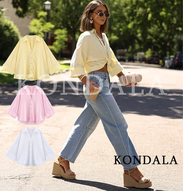 KONDALA Minimalist Casual Loose Shirt Women New 2026 Trendy Commute Wide Sleeves Shirt Spring Summer Fashion Holidays Lady Shirt