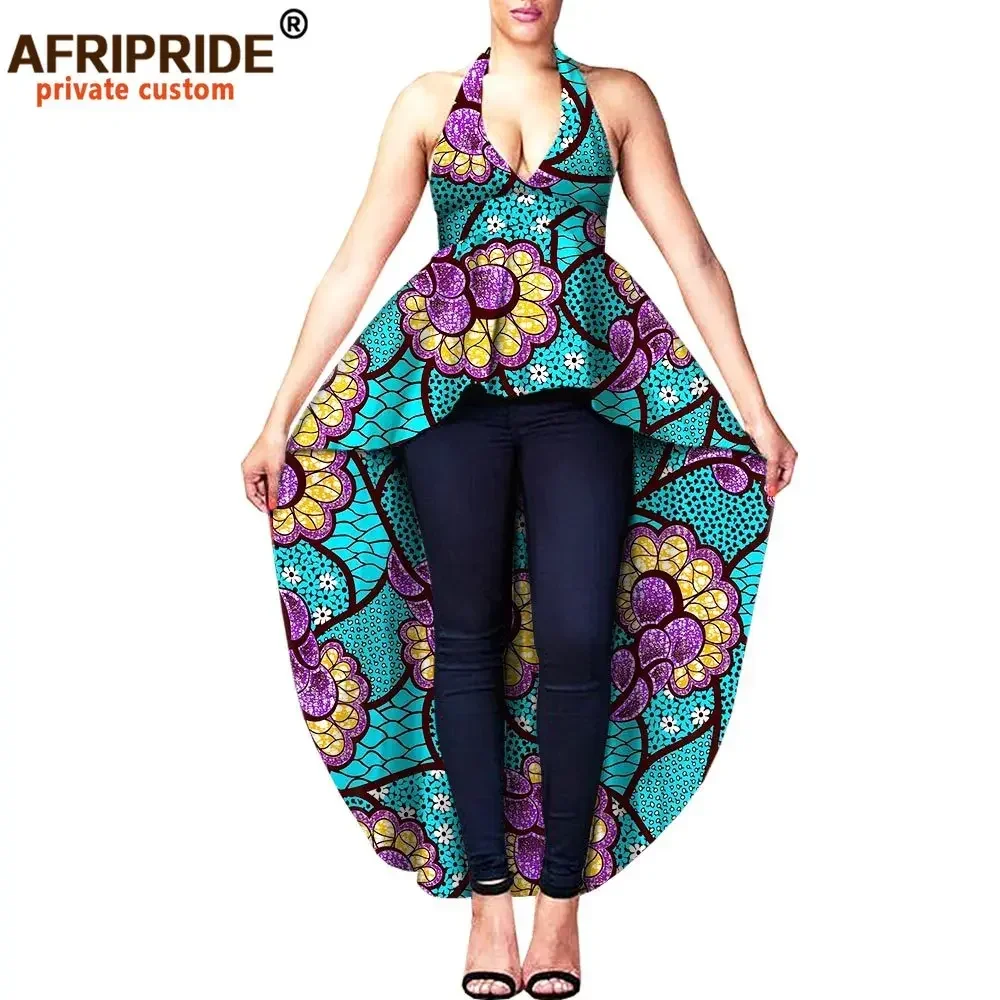 

Women Blouse African Ankara Print Shirts Crop Top Skirt Sleeveless V-Neck Tank Top Pure Cotton Wax Attire Sexy Party A1822009