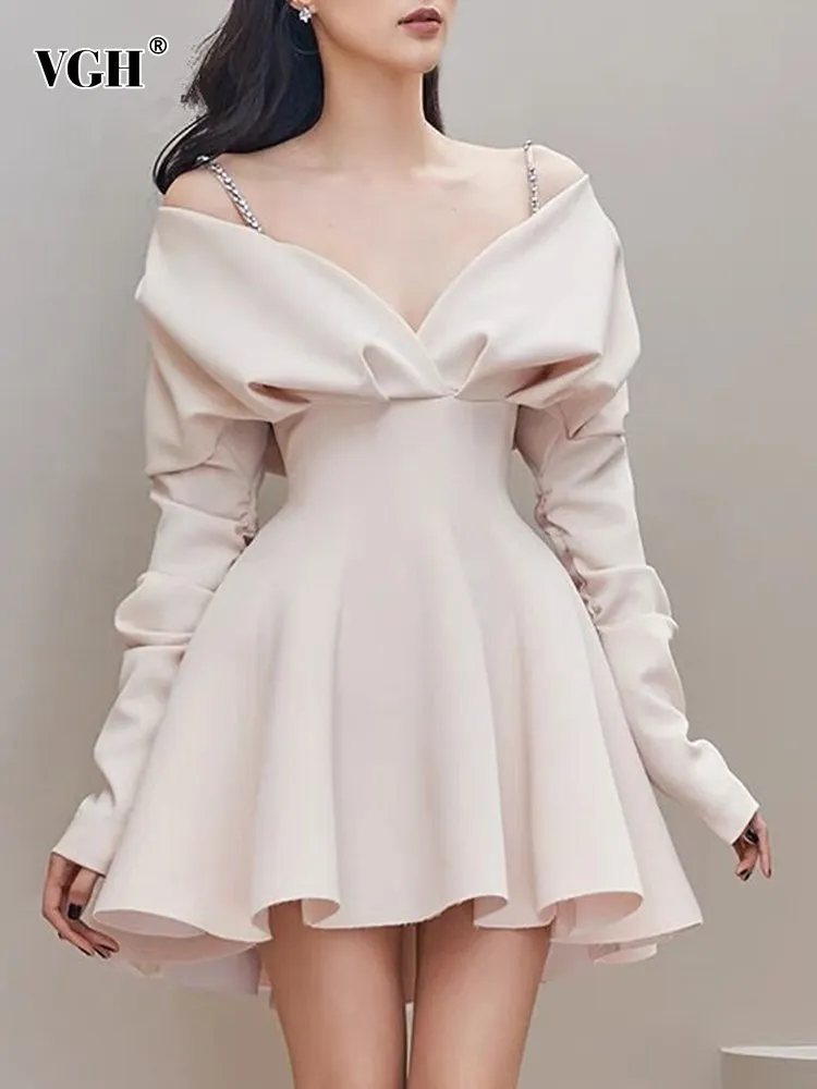 VGH solid patchwork chain temperament dress for women v neck long sleeve high waist spliced folds elegant dresses female fashion