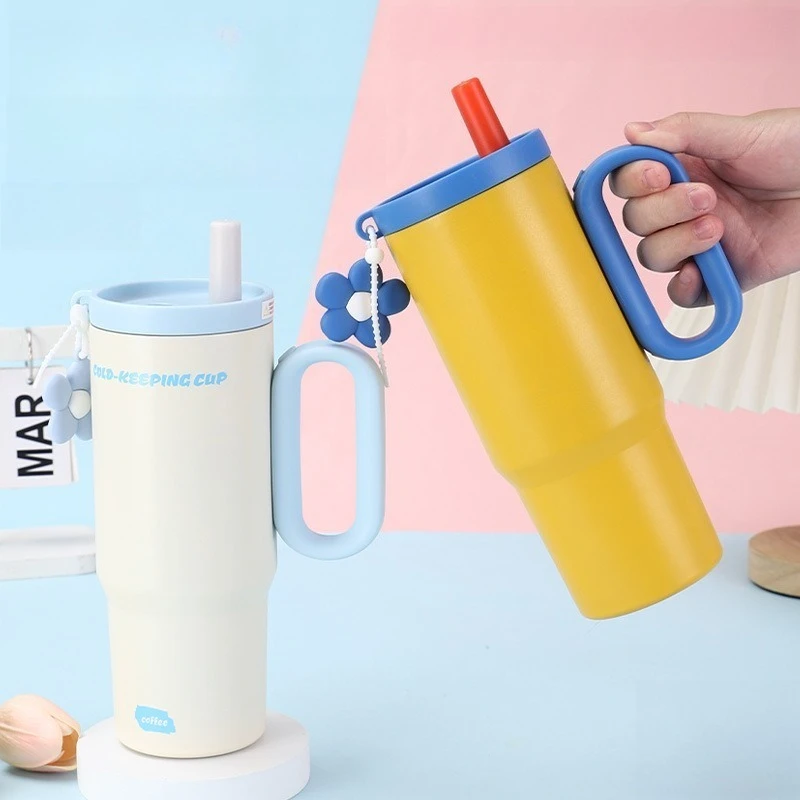 

New Product: 316 Stainless Steel Handle Ice Cream Cup Giant with Tea Compartment Vacuum Insulated Cup, Portable Straw Car Cup