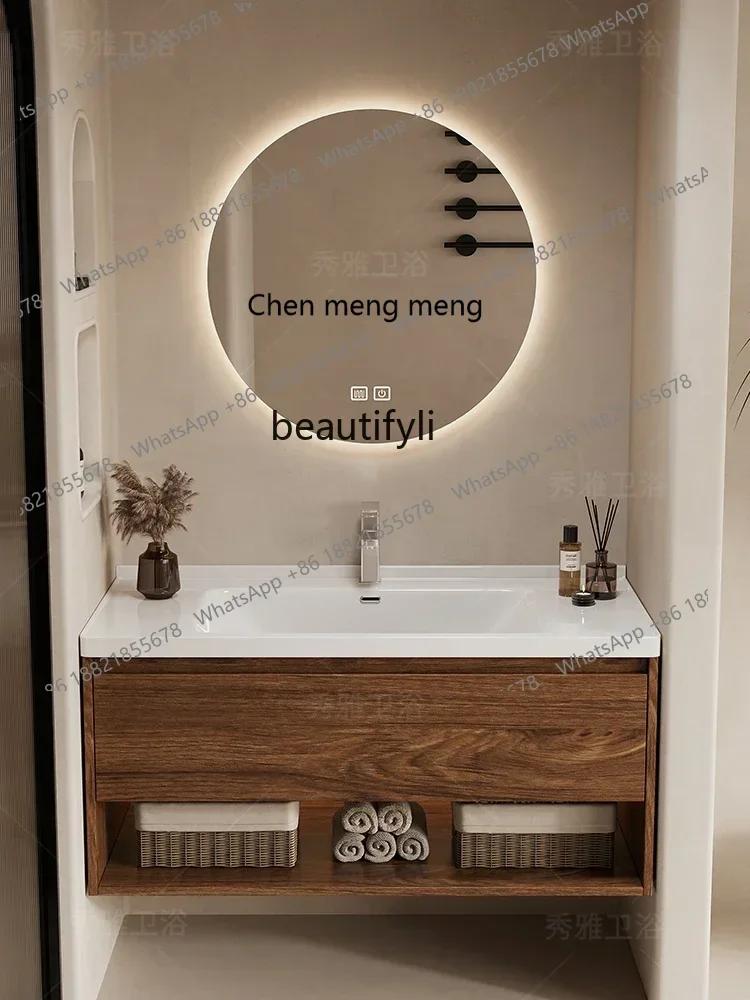 cn8350 LHY ss 8617 Light Luxury Black Walnut Color Bathroom Cabinet Bathroom Table Ceramic Integrated WashbasinSS 8617