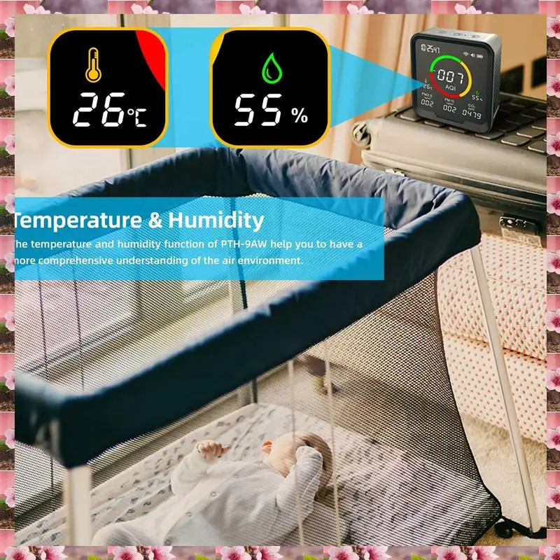 

Wifi Tuya 6 In 1 CO2 Detector With Monitor Carbon Dioxide Meter Digital Temperature Humidity Tester Clock PTH 9AW