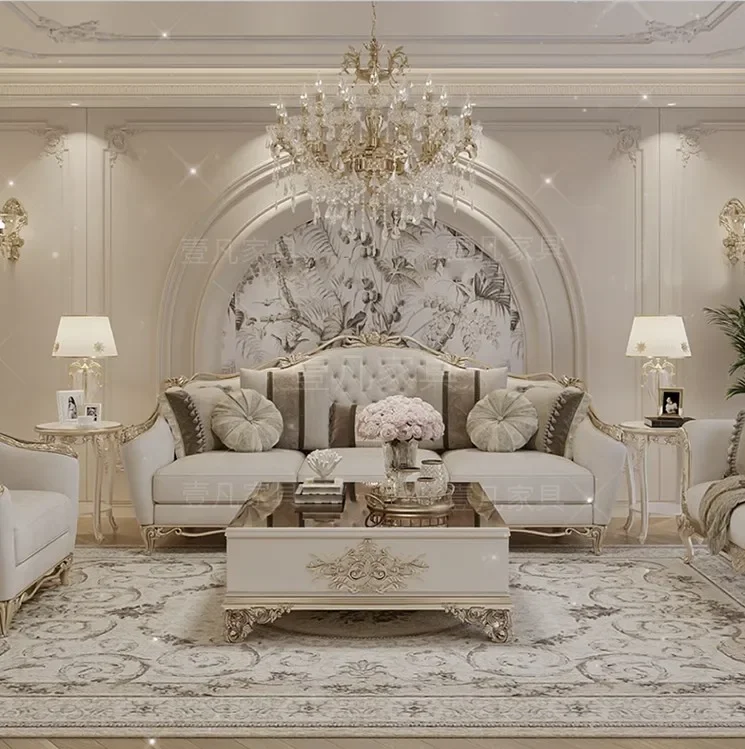 

American light luxury court style sofa solid wood carving flower living room new French high-end villa luxury furniture fabric c