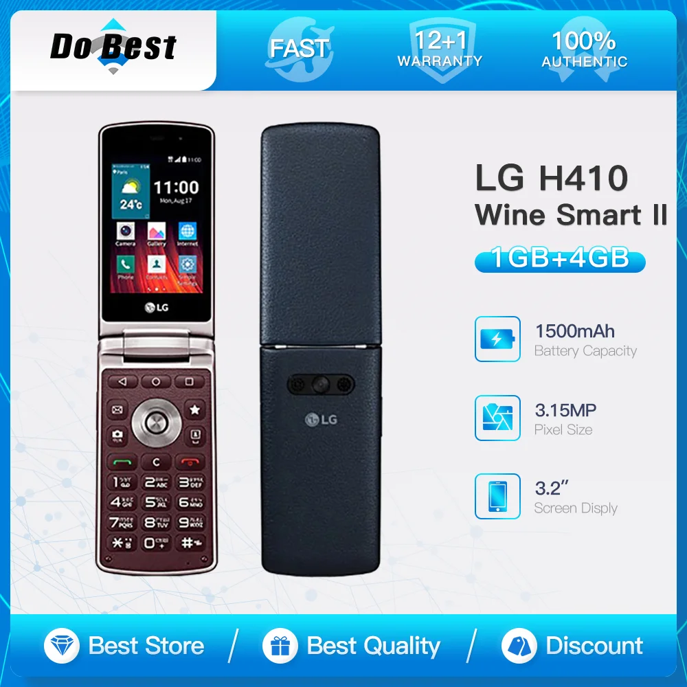 LG 정품 H410 와인 스마트 II 휴대폰, 쿼드 코어 칩, 3.2 인치 화면, 1GB RAM, 4GB ROM, 3.15MP 카메라, 4G LTE 플립 스마트폰