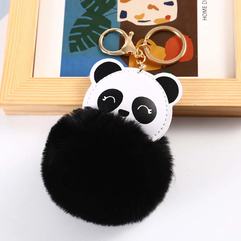 New Fashion PU Leather Animal Panda Keychain Soft Faux Rabbit Fur Pompom Fluffy Hairball Key Chain Women Bag Hanging Decorations