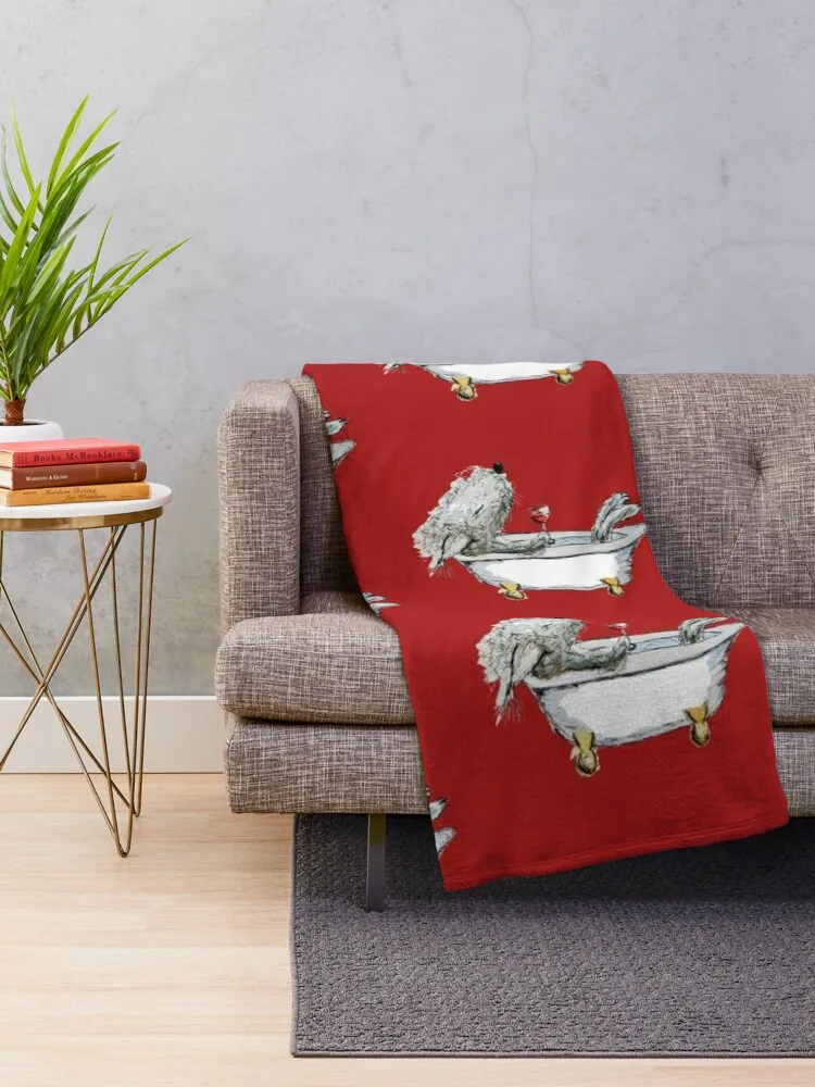 Bedlington Terrier Dog in a Bathtub, Red Background Throw Blanket Polar Thins Blankets For Sofas Blankets