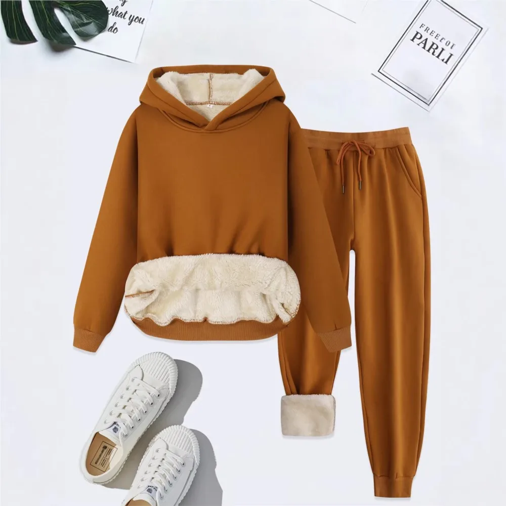 2026 Winter New Women's Fleece 2 Piece Set Outfit Hoodie Sweatshirt + Long Pants Set Casual Simple Warm Ladies Sport Tracksuit