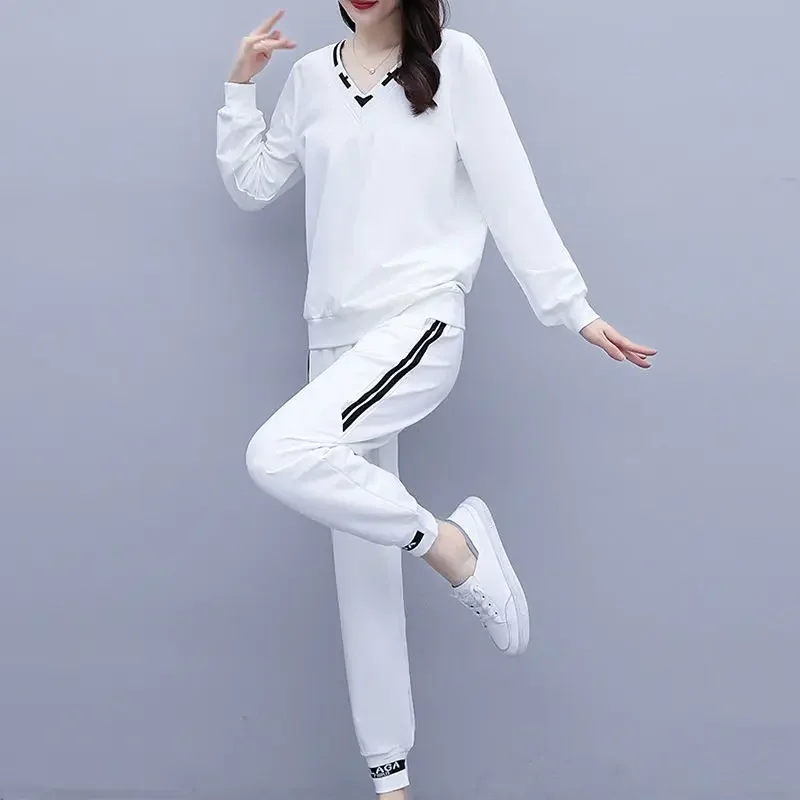 Spring and Autumn Women's Pullover V-neck Solid Color Patch Screw Thread Long Sleeve Fashion Elegant Casual Commuting Suit