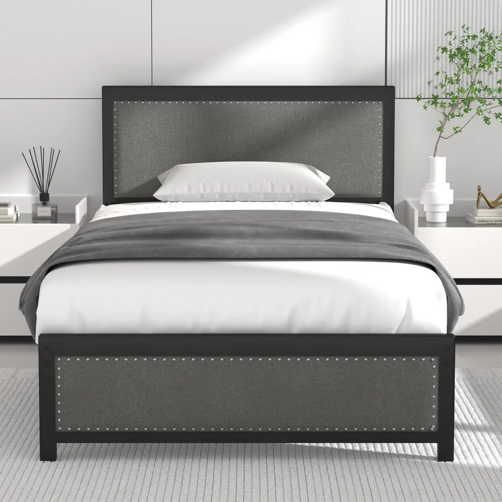 

Twin Size Bed Frame with Linen Fabric Headboard and Footboard Heavy-Duty Platform with Strong Steel Slats Easy Assembly