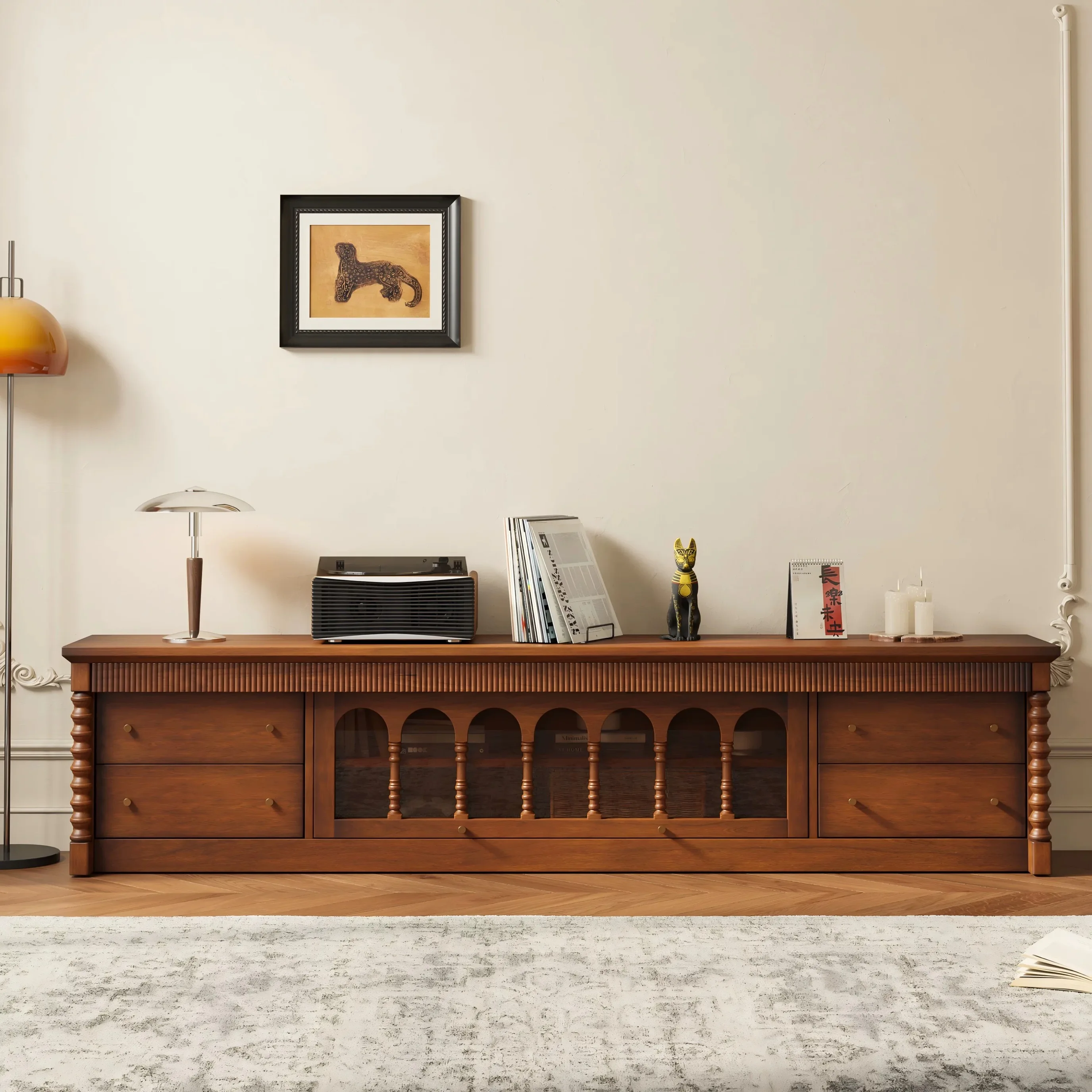 #French Retro Solid Wood TV Cabinet 200kg Load Capacity E0 Environmental Protection Can Be Combined for Hotel Apartment Living