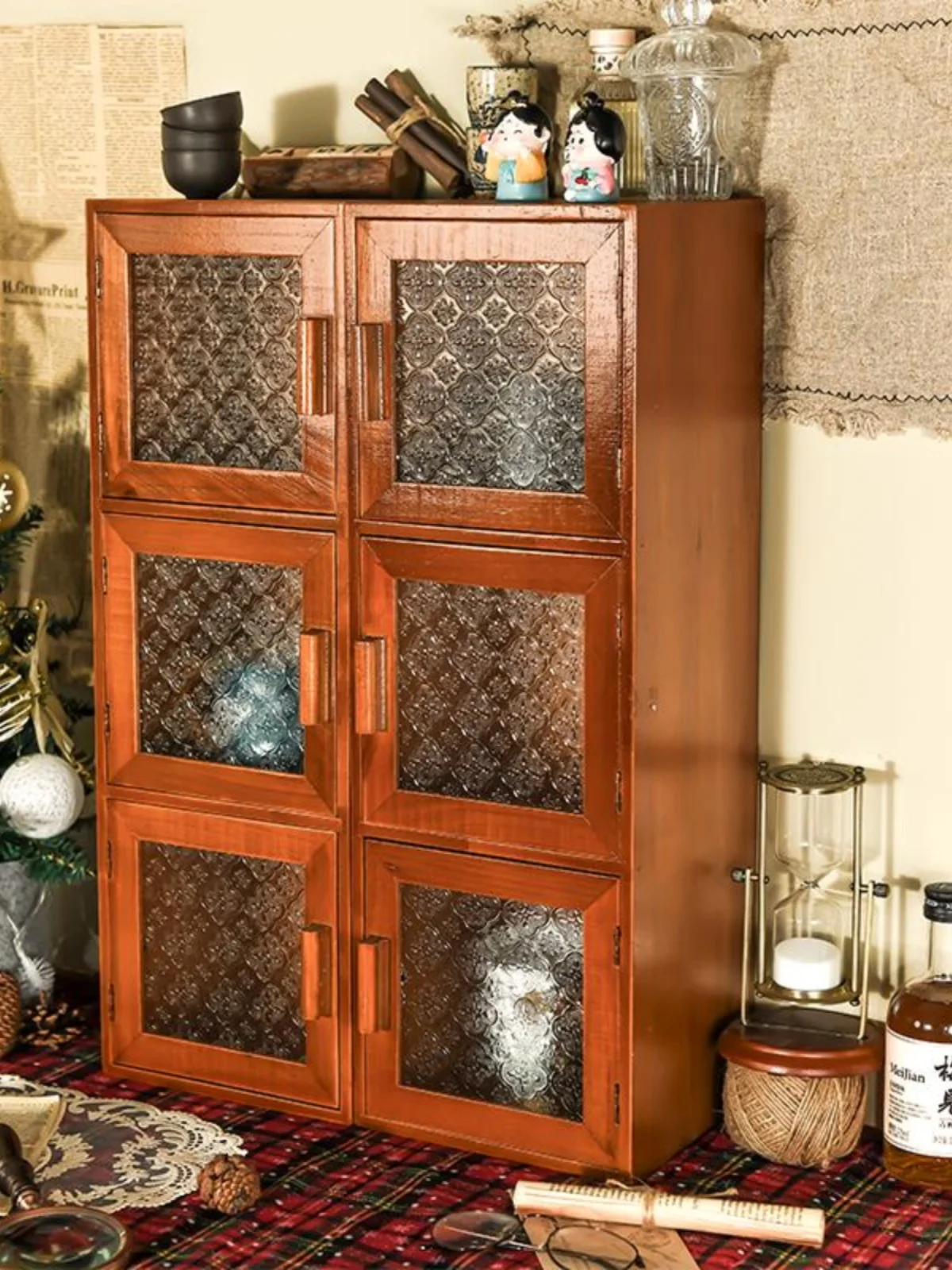 

Retro Sle Wood Storage Cabinet Kitchen Counter Heightened Cisas Cup Storage Home Tea Set Cupboard Dustproof Sed