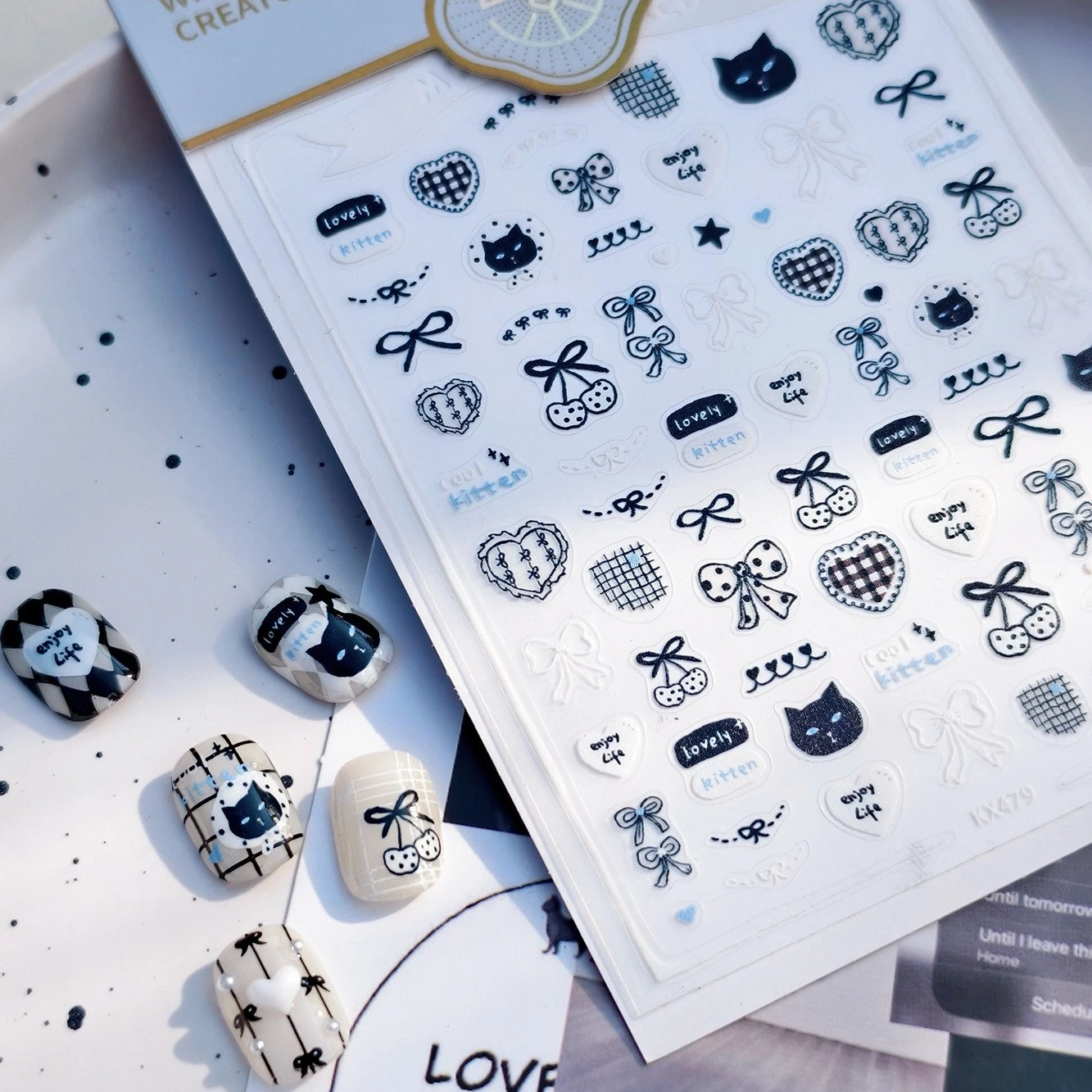 Lindo gato negro línea encaje Bowknot cereza Gird encantador romántico estrella Gird gatito autoadhesivo pegatinas para decoración de uñas calcomanías de manicura