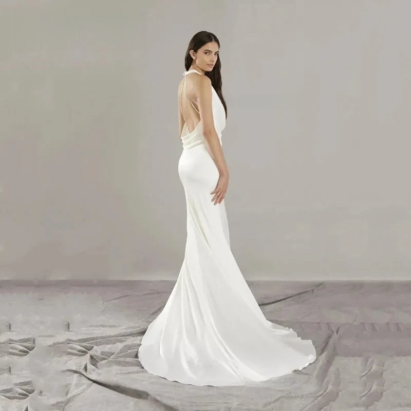 Abito da sposa Abito da sposa lungo bianco a sirena Abito da sposa senza maniche in cristallo con pieghe in raso senza schienale Personalizza su misura