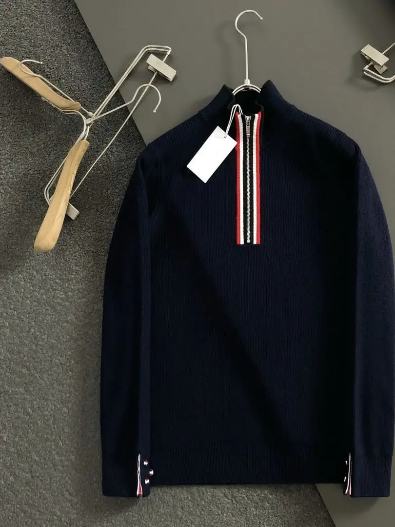 

Casual Zipper Knitted Long Sve Hoodie Stripe Decorative Men's Winter Warm Breathable Polyester Fiber Regular Fit T-irt