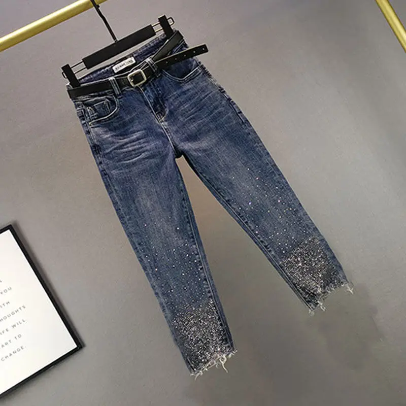 Women's Rhinestone Jeans 2024 Summer Thin Slim Fit Slimming High Waist All-Matching Cropped Jeans