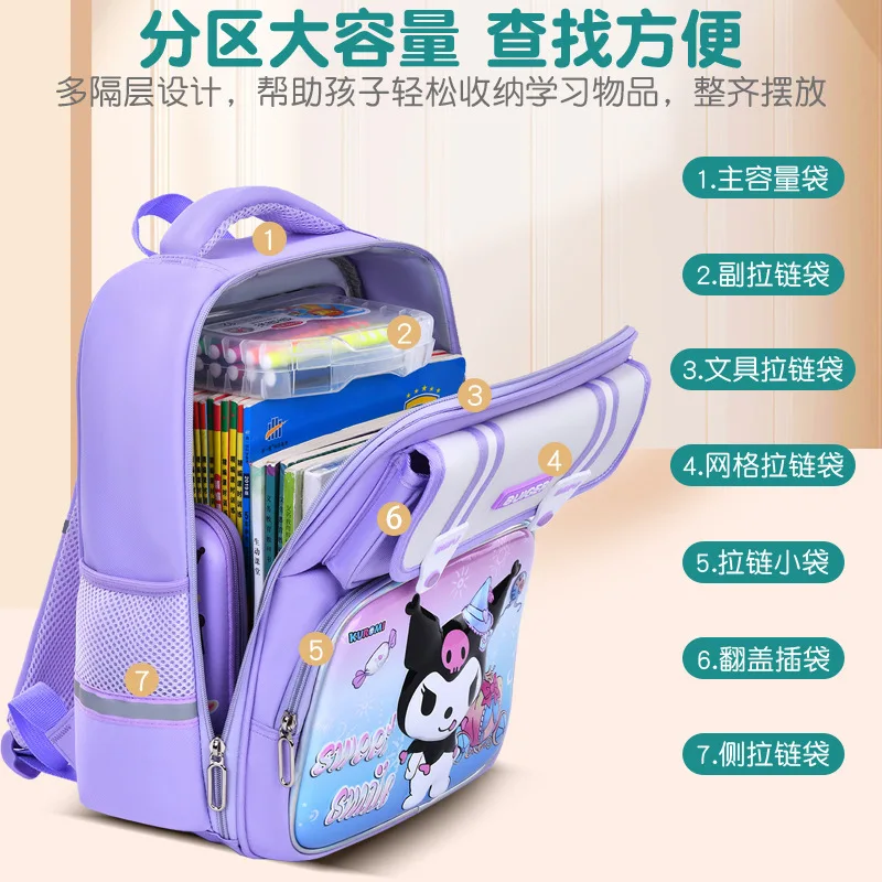 Sanrio Kulomie Cartoon saco de escola para estudantes, respirável, confortável, grande capacidade, melodia, segurança, mochila reflexiva