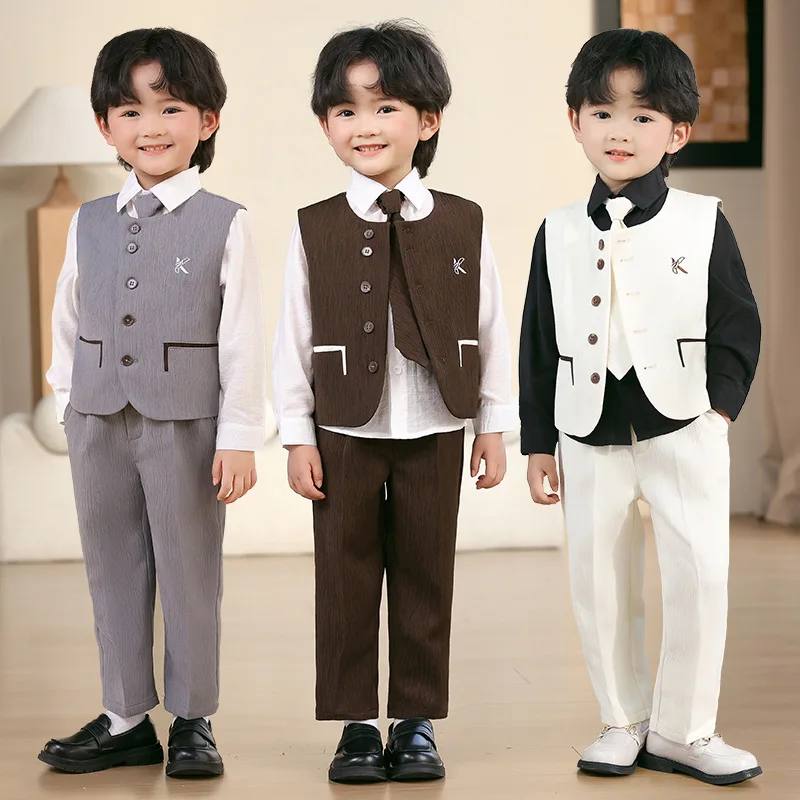 Children Sping Summer Beige Photograph Vest Dress Boys Host Violin Piano Performance Suit Gentleman Kids Wedding Costume