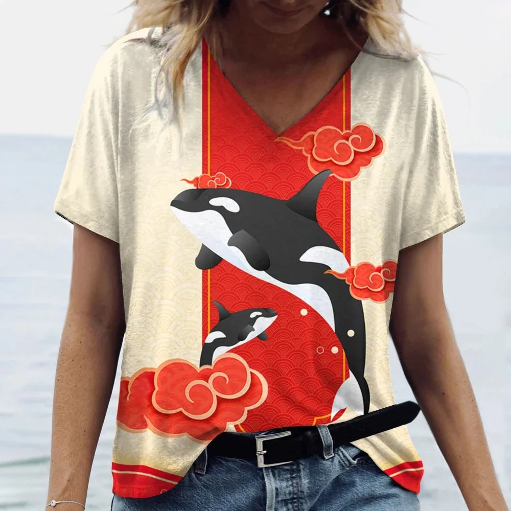 

Women's T-shirt Colorful Dolphin Series Print Niche Design Harajuku Casual Short Sleeved Top Plus Size Women's Clothing