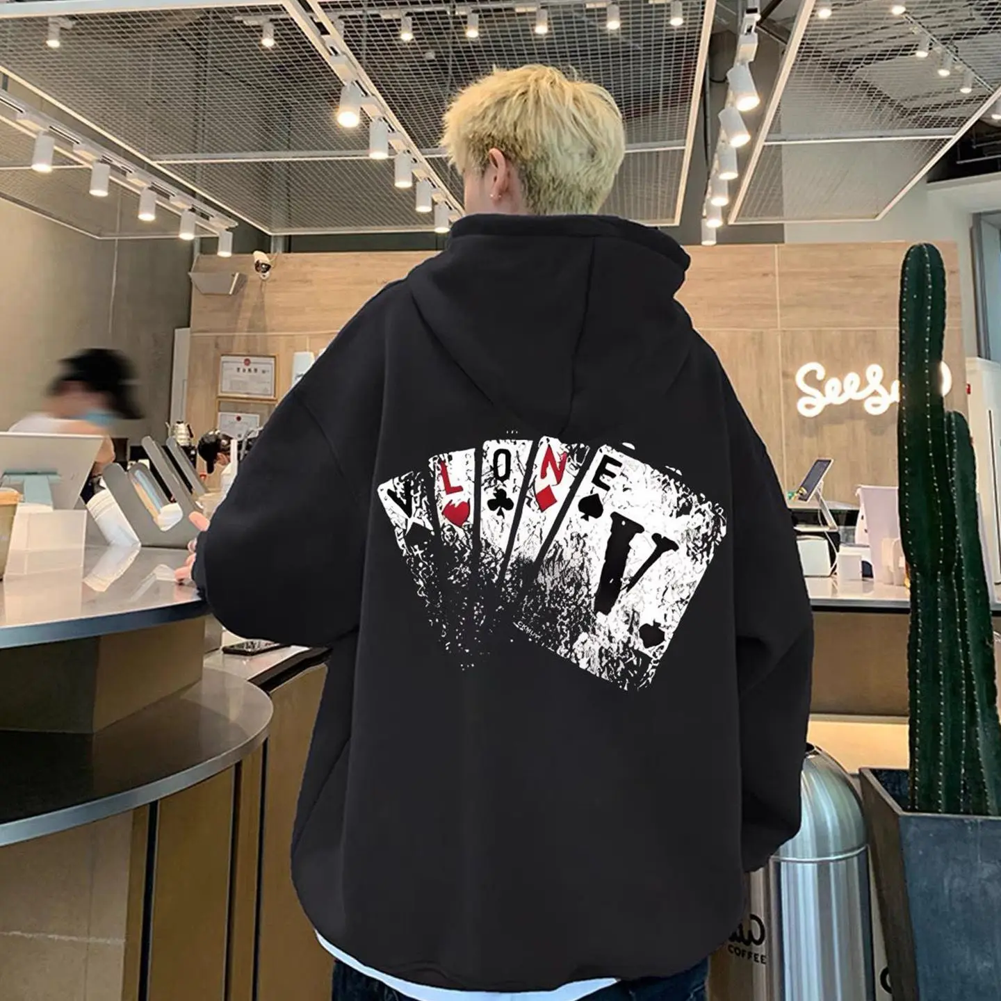 大きいサイズのパーカー-メンズ服-フリース裏地付き-プリント-ポーカーカードデザイン-カジュアル-アウター-ヒップホップスタイル-秋冬ジャケット