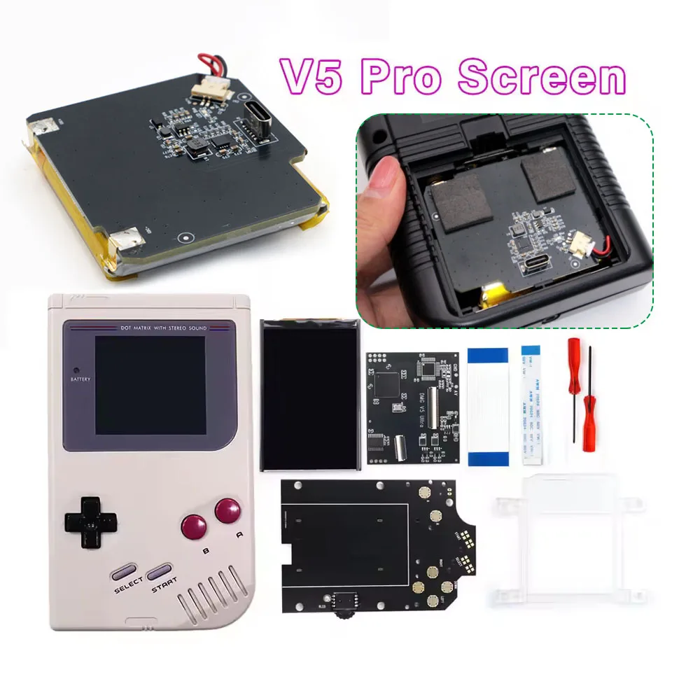 Комплект подсветки экрана GameBoy GBO DMG IPS V5 Pro с предварительно вырезанным корпусом и перезаряжаемой батареей, встроенным экранным меню FRM