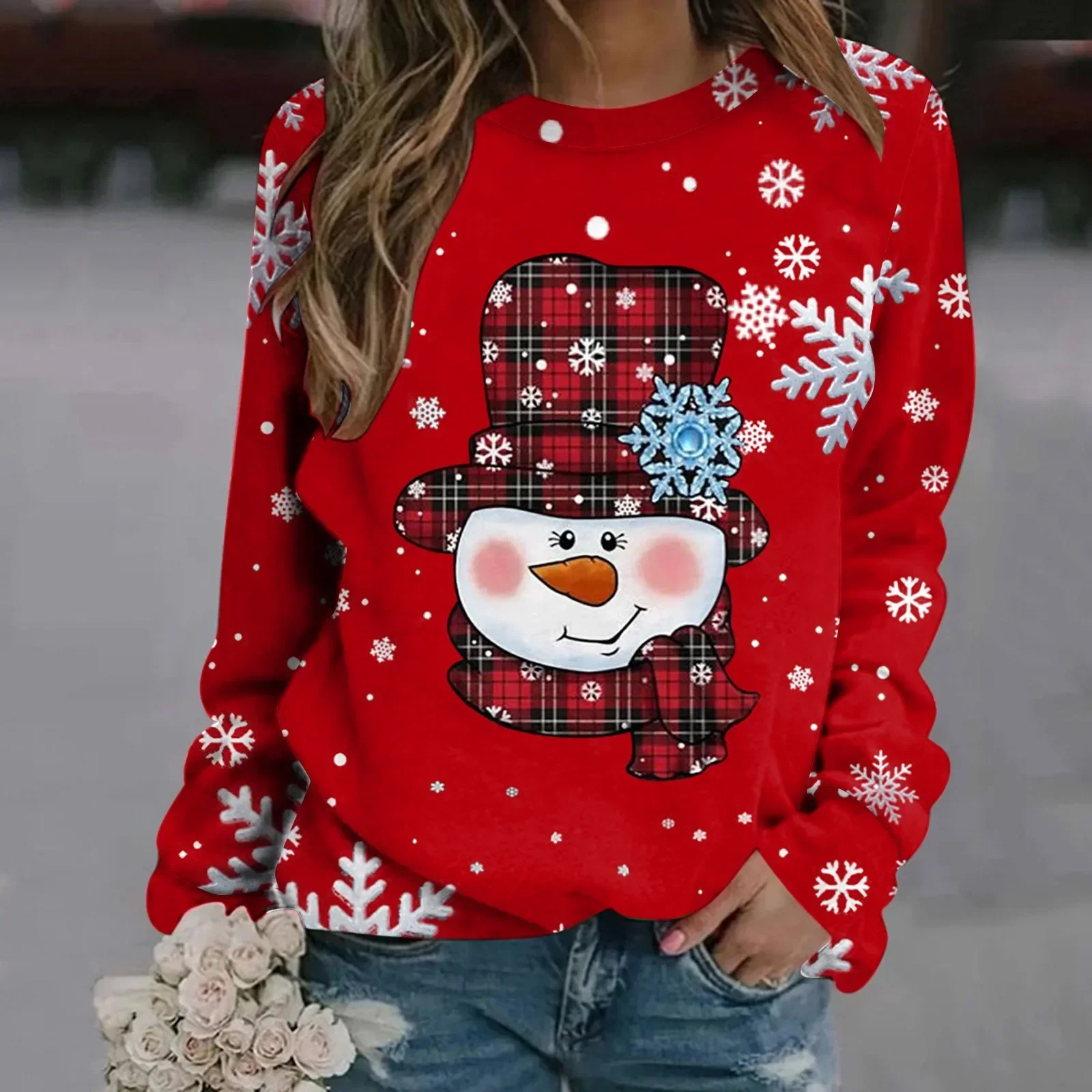 Cute Cartoon Snowman Print Women's Autumn Pullvoers Sweater New Year Red Snowfalke Round Neck Long Sleeve Sweatshirt Christmas