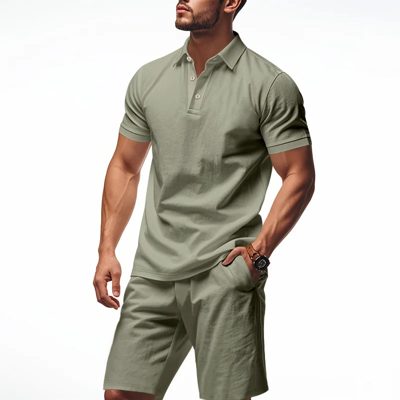 

Mens Summer Linen Two Piece Set Lapel Polo Short Sleeve Shirt Beach Casual Drawstring Shorts S-5XL