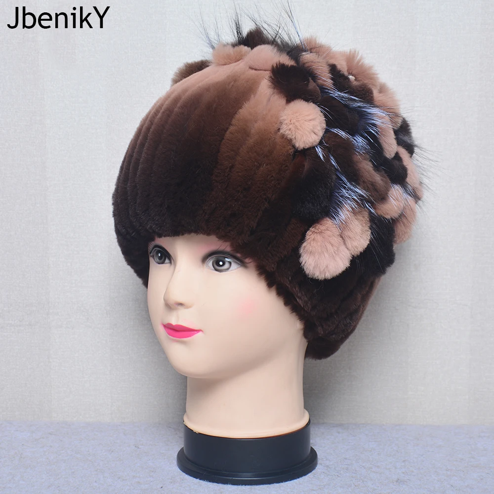 2024 Natural Rex Rabbit Fur Flowers Hat Women Winter Warm Handmade Knit Real Rex Rabbit Fur Caps Lady With Fox Fur Beanies Hats