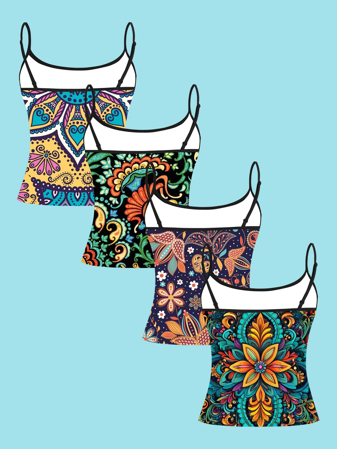 4-Pack of Women's Colorful Mandala Floral Print Camisoles, Bohemian Ethnic Style Slim-Fit Spaghetti Strap Inner Tops