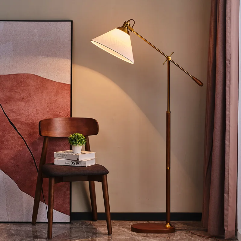 2023 New Solid Wood Nordic Vintage Simple Japanese Style Living Room Metal Walnut Wood Brass Decoration Standing Lamp Floor Lam