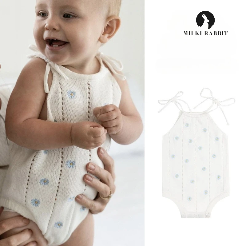 Baby Cotton Daisy Embroidered Playsuit Infant Knit Strap Jumper Adorable Children Outfits